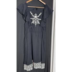 Old Navy Dress Womens Large Black White Midi Embroidered Country Cottage Smocked